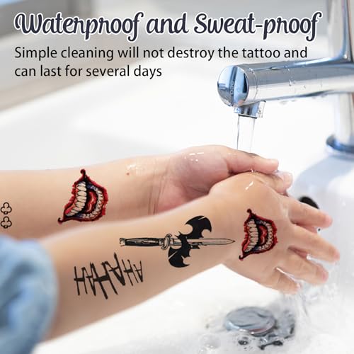 Joker Tattoos 4 Sheets,Halloween Temporary Tattoos for Men,Suicide Squad Fake Tattoo Stickers For Adults,Clown Costume Masquerade Cosplay Party Accessories Face Makeup,Large Size Waterproof