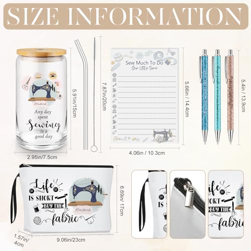 Kacctyen 6 Pcs Sewing Gifts for Quilters Sewing Enthusiast Notions Canvas Makeup Bag 16.9 oz Glass Tumbler 100 Sheets to Do List Notepad and 3 Ballpoints Pens Quilting Lover Gifts for Women