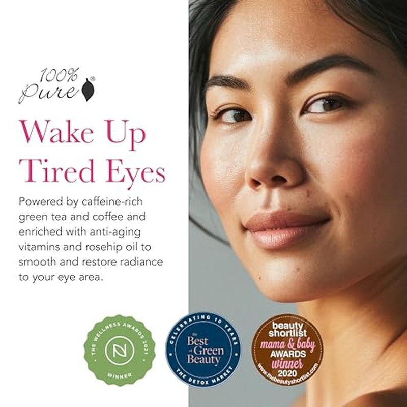 100% PURE Coffee Bean Caffeine Eye Cream Refresh & Hydrate Under Eye Treatment Reduce Puffiness, Dark Circles, Wrinkles with Green Tea, Rose Hip, Vitamin E - Youthful Vibrant Eyes - Vegan - 1 oz