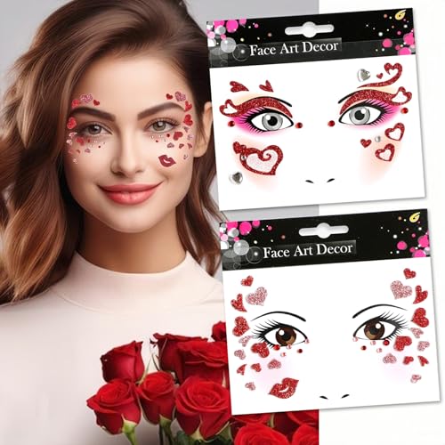 Valentines Temporary Tattoos Glitter Fake Tattoos Red Heart Lip Tattoo Stickers Eyes Face Gems Stickers for Women Girls Makeup Holiday Party Supplies 2Pcs