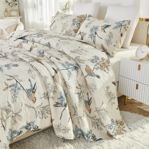 Queen Comforter Set - Birds Printing American Country Style, Beige, 3 Pieces - Variation: Queen / Country Chic