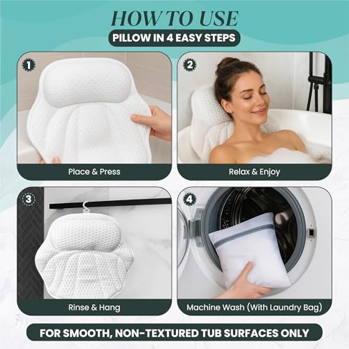 Bath Pillows for Tub ? Luxury 4D Air Mesh Bathtub Pillow with Non-Slip Suction Cups, Head & Neck, Upper Back Support, Quick-Dry, Machine Washable Spa Gift