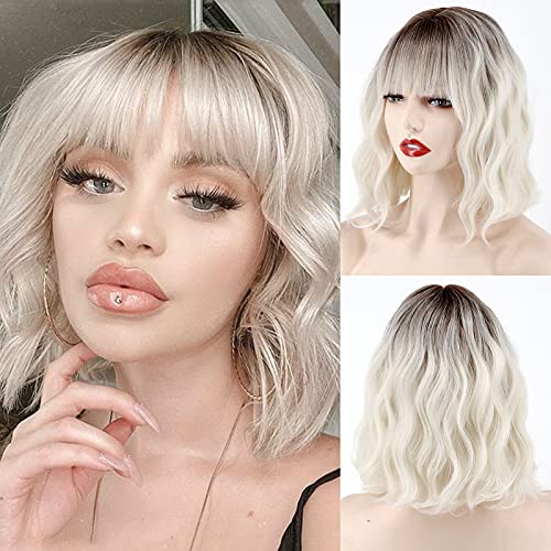 MISSQUEEN Short Platinum Blonde Wavy Wig with Bangs - Dark Roots, 12 Inch Cosplay & Daily Use