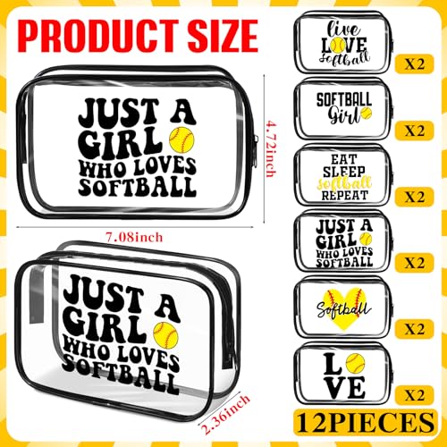 Reginary 12 Pcs 7 x 4.7 x 2.4'' Softball Makeup Bag Softball Gifts for Team Clear PVC Softball Cosmetic Case Softball Goodie Bag Stuffers Accessories for Woman Toiletry Zipper Pouch Team Party Favors