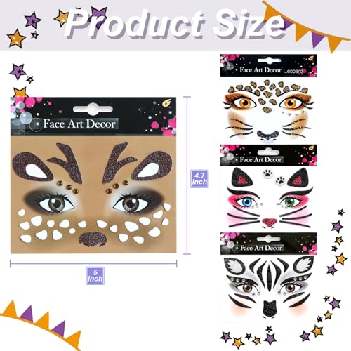 Halloween Face Tattoos Stickers - Leopard, Cat, Elk, Zebras Temporary Tattoo Sticker Halloween Face Gem Self-Adhesive Sticker for Festival Holiday Party Cosplay Decoration 4 Pcs