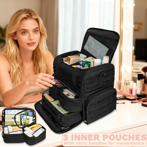 Tactical Makeup Bag with 3 Inner Clear Pouches and Cross Body Straps, Large Cosmetic Bags for Women, Travel Makeup Organizer for Home, Beauty Studio and Daily Use, Black