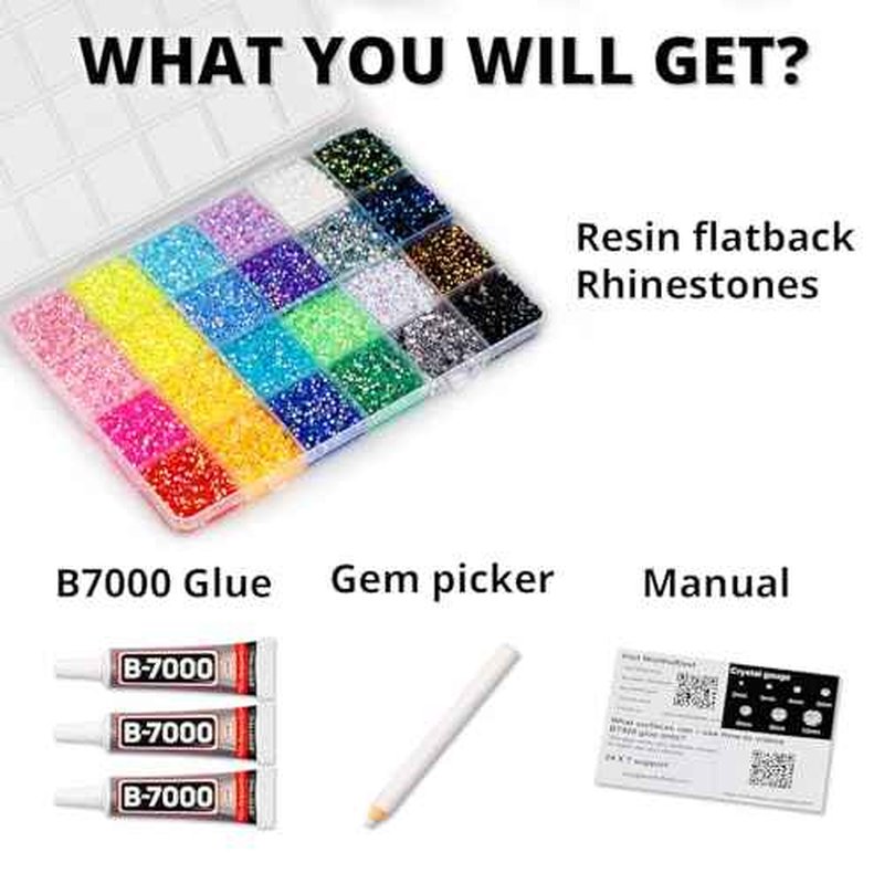 31000Pcs Rhinestones for Bedazzling, 3mm Bedazzler Kit with Flatback Rhinestones for Clothes Crafting Crafts Nails Clothing, Flat Back Resin Rainbow Colorful Colored Crystal with B 7000 Glue Clear