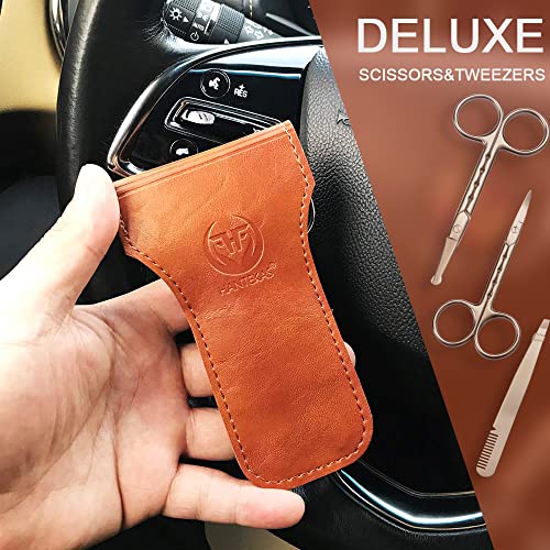 Professional Stainless Steel Curved Rounded Facial Hair Scissors Tweezers Set For Men Moustache, Nose Hair, Beard Trimming Scissors,Safety Use for Eyebrows,Eyelashes,Ear Hair - PU Leather Bag