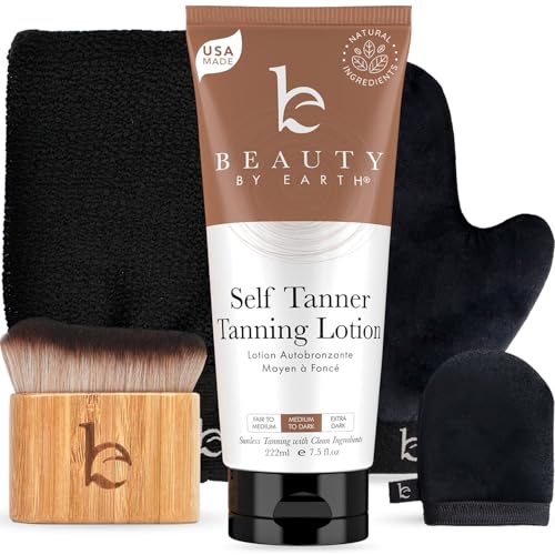Self Tanner Kit - USA Made with Organic & Natural Ingredients, Tanning Lotion with Glove, Exfoliating Mitt & Kabuki Body Brush, Non Toxic Gradual Tan Lotion, Streak Free & No Orange Tones