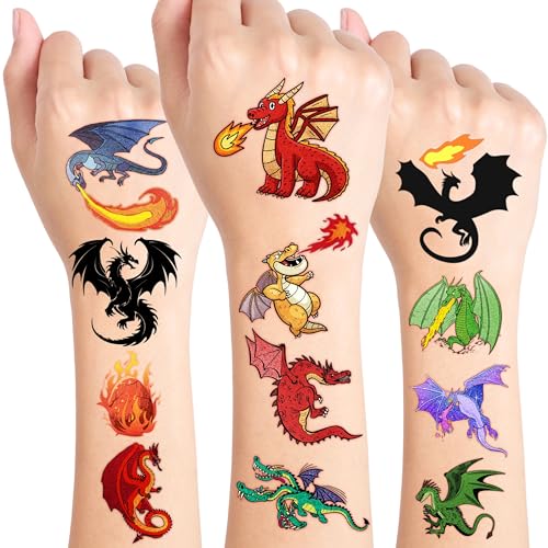 96PCS Dragon Pre-cut Temporary Tattoos Birthday Party Supplies Favors Decorations Knight Dragon Super Cute Fake Tattoos Stickers for Kids Boys Girls School Classroom Rewards Gifts Ideal Halloween