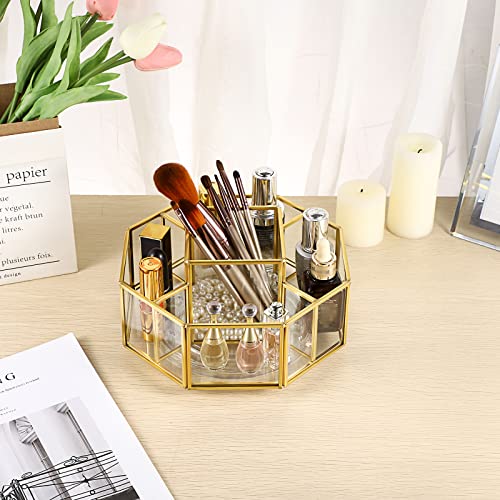 Hipiwe Octagon 360° Rotating Glass Makeup Organizer with 5 Slots - Gold Frame