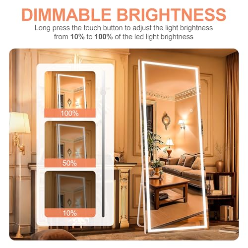 White Full Length Mirror with LED Lights, 56 x 16 Inches Dimmable & 3 Color Modes