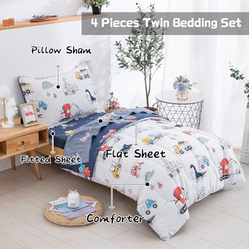 Dinosaur Car Twin Bedding Set - Reversible Comforter & Sheets for Boys, 4 Pieces