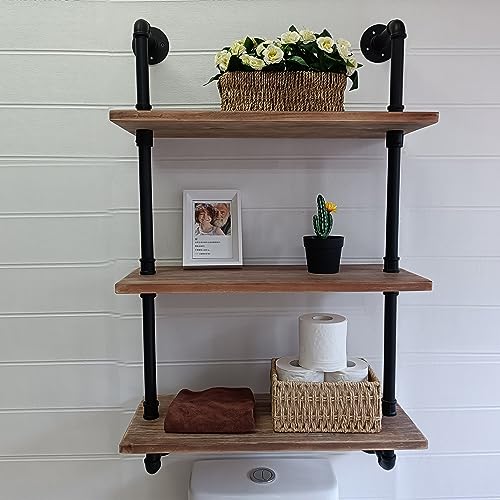Brown 3-Tier Industrial Pipe Shelving Over Toilet Wall Storage Rustic Farmhouse