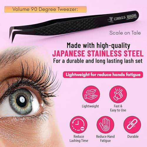 CrossEdge Corporation Fiber Tip Lash Tweezers for Eyelash Extension Curved 90 Degree Angle Boot Tweezer Best for Volume, Individual Isolation & Classic Lashes Stainless Steel Lash Supply (Black)