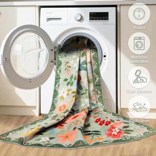 Green 8x10 Floral Area Rug - Washable Boho Living Room Carpet