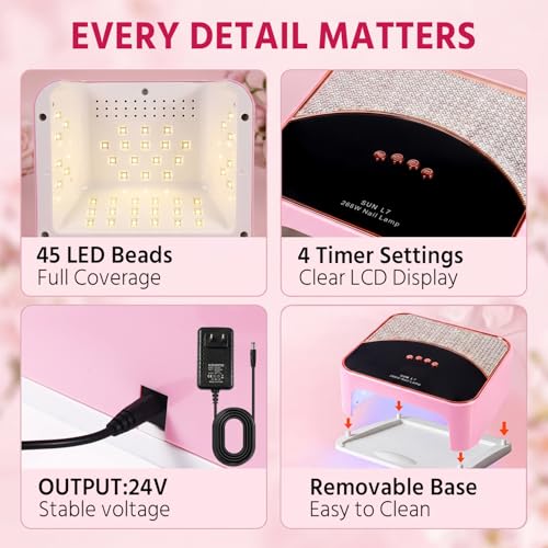 268W UV LED Nail Lamp with 4 Timers - Pink, Removable Base, Fast Curing