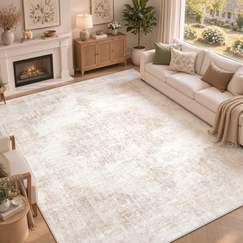 8x10 Beige/Brown Vintage Rug - Washable Large Living Room Floor Carpet with Non-Slip Backing