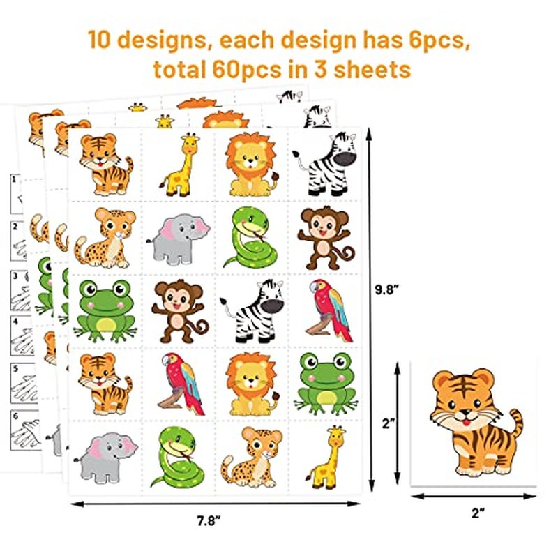 Fancy Land Animal Tattoos for Kids Safari Jungle Temporary Tattoo for Animals Birthday Party Favors Goodie Bag Stuffers 60Pcs (Pack of 2)