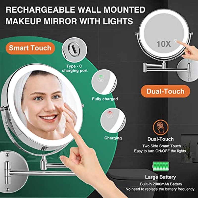 8.5 Inch Rechargeable Wall Mounted Lighted Makeup Mirror, Double-Sided 1X/10X LED Magnifying Vanity Mirror with Lights, 3 Color Lights Touch Screen Dimmable 360¡ÆSwivel 18 Inch Extendable - Chrome