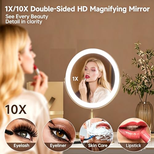 White 8-Inch Rechargeable Makeup Mirror with 10X Magnification and LED Light - 14-Inch Vanity