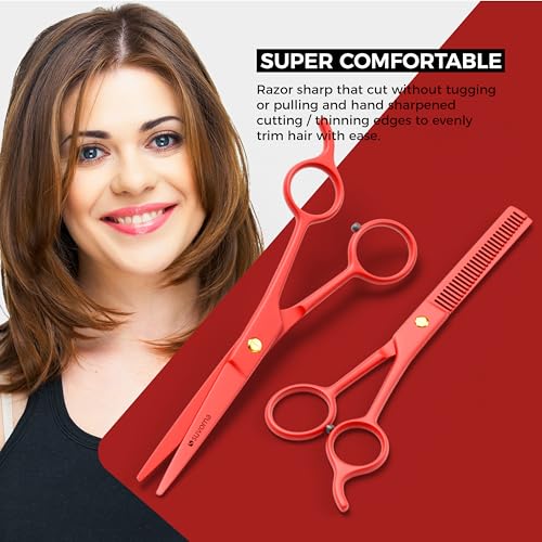 Professional Hair Scissors Set 6.5 Inch with Thinning Shears - Red - Salon Quality