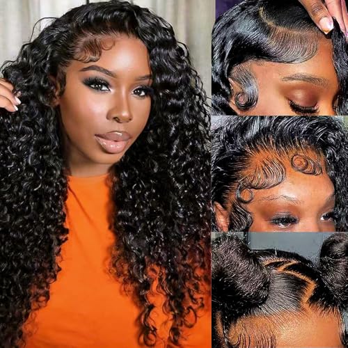 Gureimi Natural Black 20 Inch Deep Wave Lace Front Human Hair Wig - Pre Plucked & Full, Silky Virgin Hair