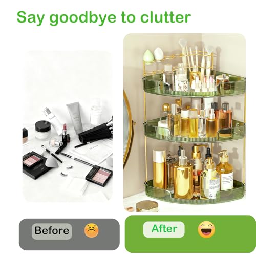 Green 3-Tier Makeup Organizer for Vanity & Bathroom Countertop Acrylic Storage Shelf with Perfume Tray & Brush Holder