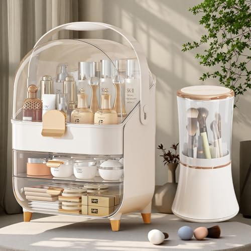 White Makeup Organizer for Vanity with Drawers & Rotating Brush Holder - Skincare Storage Case