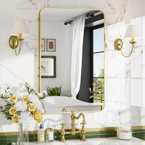 24x36 Inch Brushed Gold Rectangle Bathroom Mirror - Modern Over Sink Vanity with Rounded Corners (Variation of THIS listing)