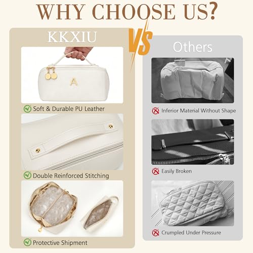 KKXIU Initial Makeup Bag for Women - Personalized Makeup Bag Gifts for Women, Travel Toiletry Bag with PU Leather, Open Flat Design with Top Handle, Cosmetic Bag Set with Multi-Pocket (Beige,A)