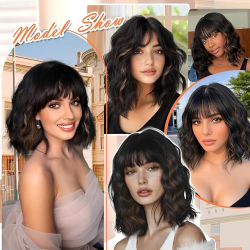 XIXIBI Black Mixed Brown Short Wavy Bob Wig with Bangs for Women