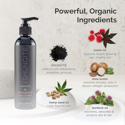 Modern ?M Shungite Recharge Body Wash with Hemp Seed Oil | All Skin Types, Organic Cleanser for Face, Hands, Body | Vegan, Non-GMO Made In USA