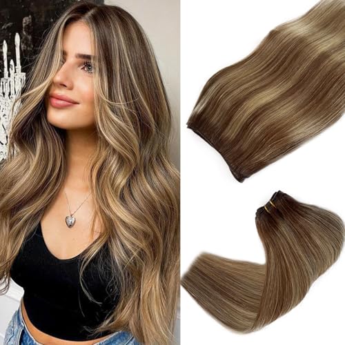 14 Inch Ombré Balayage Hair Extensions Double Weft Human Hair Sew In Bundles - Chestnut Brown to Ash Blonde