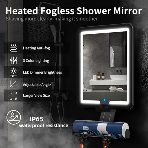 Fogless Heated Shower Mirror with Dimmable Lights - Black, 12.2"L x 7"W