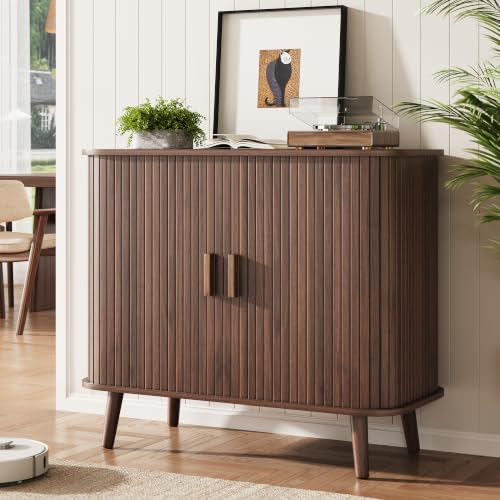 OneBlis Walnut 31.5-Inch Fluted Sideboard Buffet with Sliding Tambour Door