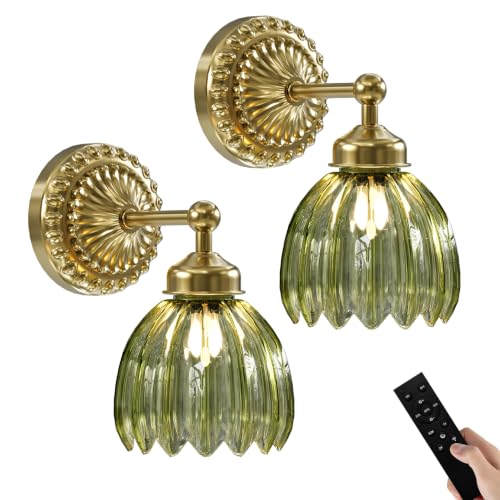 Gold + Green Tulip Glass Battery-Operated Wall Sconce 2-Pack - Vintage Wall Light with Remote & Dimming