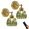 Gold + Green Tulip Glass Battery-Operated Wall Sconce 2-Pack - Vintage Wall Light with Remote & Dimming