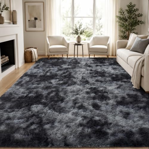 9x12 Tie-dyed Dark Grey Fluffy Shag Rug - Non-Slip Thick 9ft x 12ft Living Room