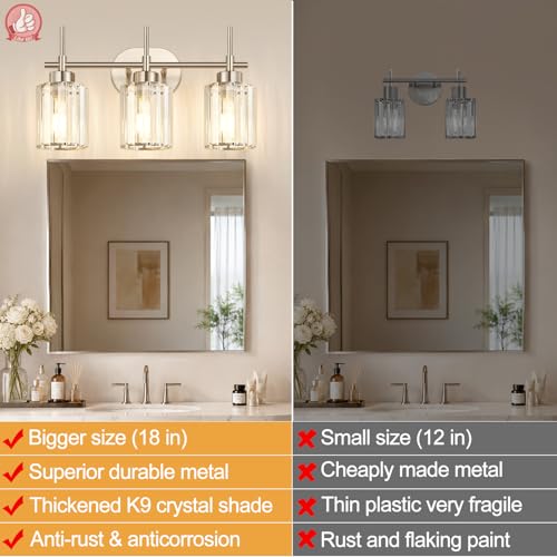 Brushed Nickel 3-Light Bathroom Vanity Light Fixture with Crystal Shades - Modern Wall Sconce for Mirror, Bedroom, Hallway