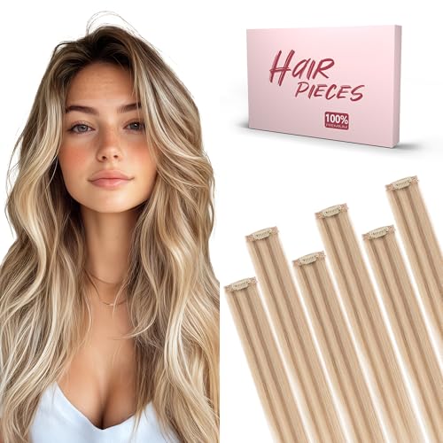 Clip-In Hair Extensions 12 Inch Real Human Hair Highlight Balayage - Golden Brown & Bleach Blonde, 6 Pcs