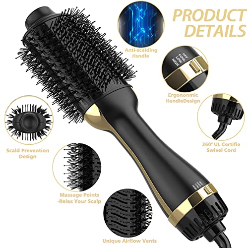 Dimecano 4-in-1 Hair Dryer Brush Volumizer with Negative Ion - Black Gold