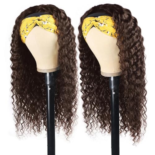 Chocolate Brown Human Hair Headband Wig 10 Inch Deep Wave Curly Wigs for Women - Unprocessed Brazilian Hair, Easy to Wear, Adjustable Fit