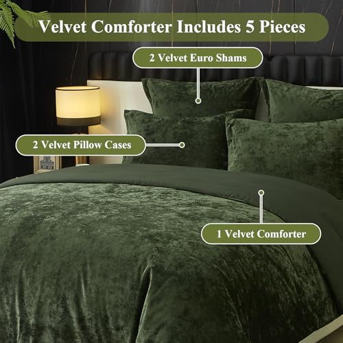 King Crushed Velvet Comforter Set - Luxurious Green Bedding 5 Pieces