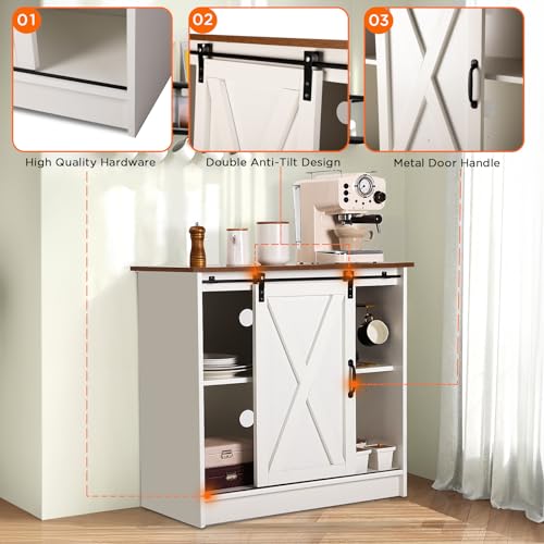 White Farmhouse Coffee Bar Cabinet with Sliding Barn Door Storage