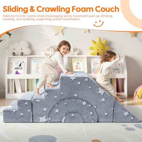 Starry Grey Glow-in-Dark Kids Foam Climbing Couch with Slide & Stairs