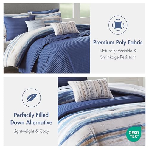 King Marina Coastal Stripes Blue Comforter Set - 8PC Microfiber Bedding