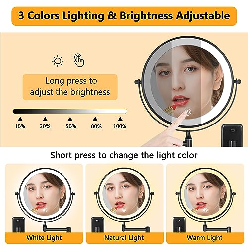 DECLUTTR 8-Inch Rechargeable LED Wall-Mounted Makeup Mirror 10X Magnification Black