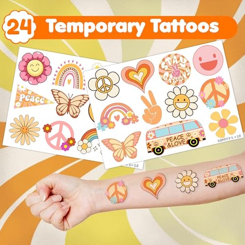 48PCS Groovy Party Set - 24PCS Temporary Tattoos & 24PCS Slap Bracelets - 70s Retro Birthday Supplies, Baby Shower Gifts, Classroom Rewards & Party Decor for Kids (Boys & Girls)