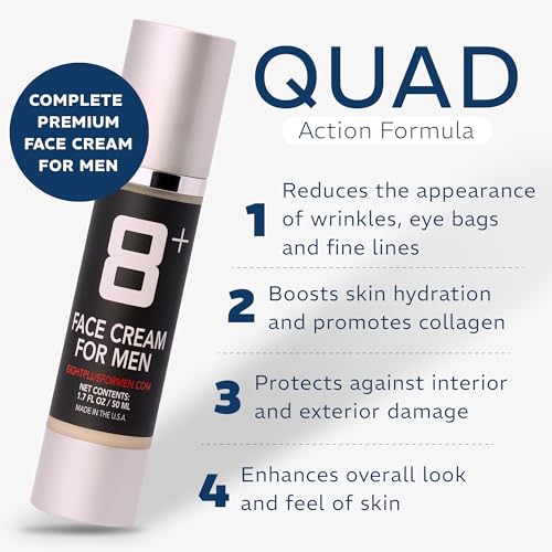 8+ Face Cream for Men | Advanced Hydrating Formula with 8 Active Ingredients | Smooths Fine Lines | Firms and Brightens Skin | Under Eye Care for Dark Circles | Fast Absorbing | Made in USA | 1.7oz